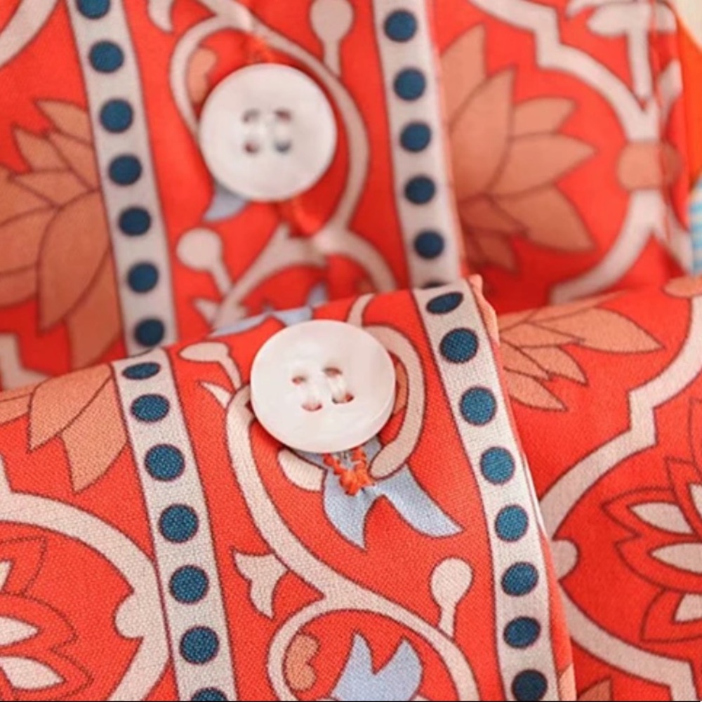 Orange Button Up Boho Floral Gypsy Print Dress - Picture 7 of 9